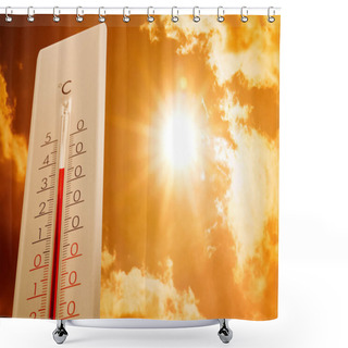 Personality  Weather Thermometer Showing High Temperature And Sunny Sky With Clouds On Background Shower Curtains