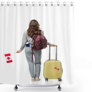 Personality  Back View Of Female Student With Suitcase And Canadian Flag Isolated On White, Studying Abroad Concept Shower Curtains