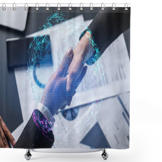 Personality  Double Exposure Of Two Businesspeople Handshake And Globe The Earth Hologram Drawing Background. Concept Of International Business. Formal Wear. Shower Curtains
