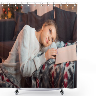 Personality  Beautiful Woman With Book Dreaming On Sofa Shower Curtains