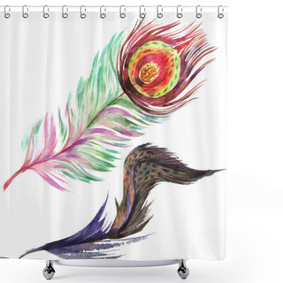 Personality  Colorful Bird Feather From Wing Isolated. Aquarelle Feather For Background. Watercolor Illustration Set. Watercolour Drawing Fashion Aquarelle Isolated. Isolated Feather Illustration Element. Shower Curtains