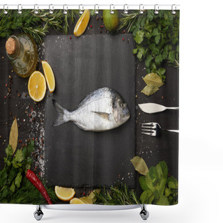 Personality  Raw Fish On Slate Board With Salt And Herbs With Lemon Slices Shower Curtains