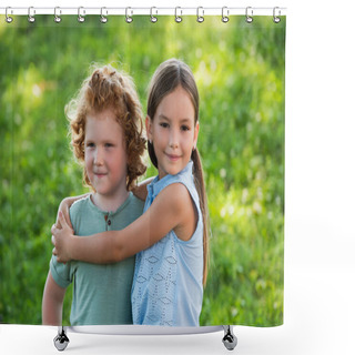 Personality  Smiling Girl Embracing Brother And Looking At Camera Outdoors Shower Curtains