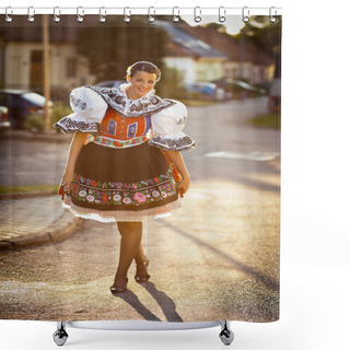 Personality  Young Woman In A Richly Decorated Ceremonial Folk Dress Shower Curtains