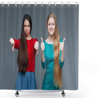 Personality  Two Women Over Gray Shower Curtains