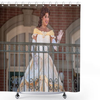 Personality  Orlando, Florida. August 04, 2020. Belle Waving From The Balcony At Walt Disney World Railroad At Magic Kingdom (21). Shower Curtains