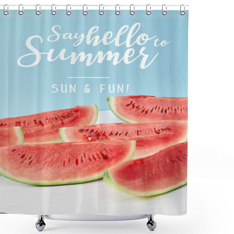 Personality  Red Watermelon Slices On White Surface On Blue Backdrop, With 