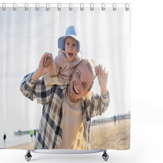 Personality  Happy Man And Daughter Looking At Camera On Beach In Italy  Shower Curtains