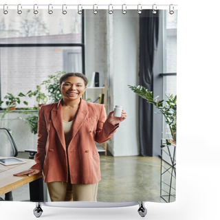 Personality  Happy African American Dietitian Holding Bottle With Supplements And Smiling In A Bright Office Shower Curtains