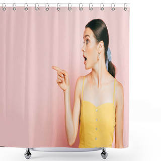 Personality  Shocked Brunette Young Woman Pointing Aside On Pink Shower Curtains