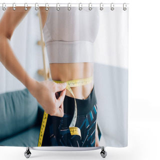 Personality  Cropped View Of Woman In Sportswear Measuring Waist With Tape At Home  Shower Curtains