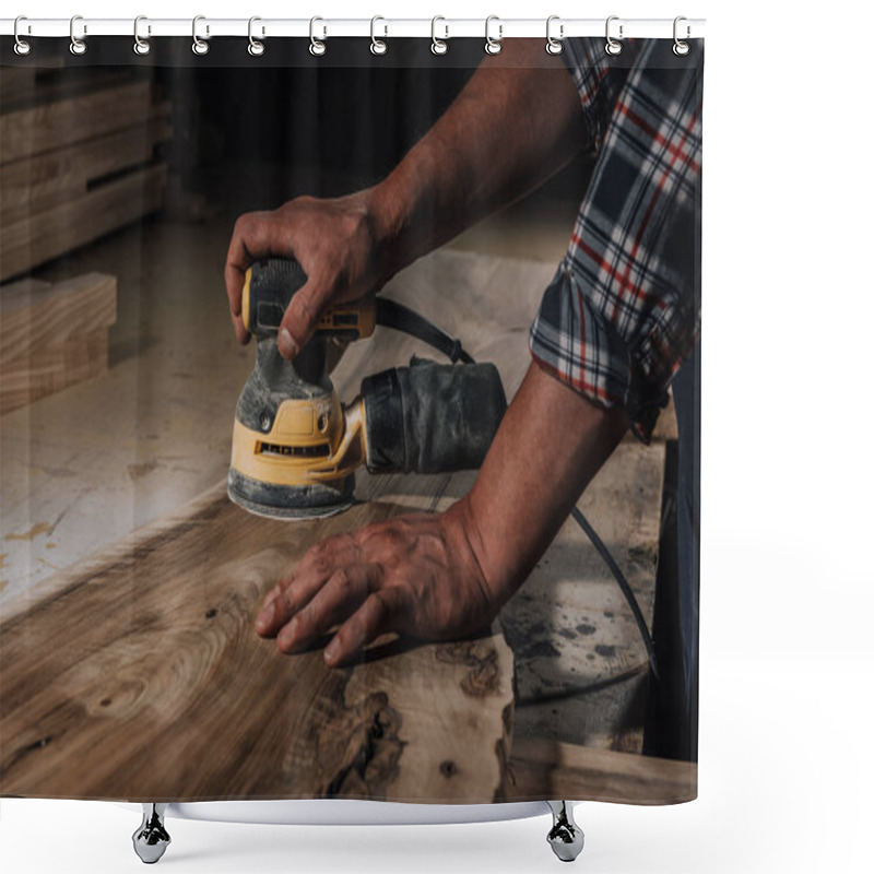 Personality  Partial View Of Carpenter Working With Electric Plane At Workshop Shower Curtains