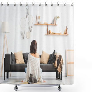 Personality  Back View Of Woman Sitting On Floor With Grey Cat In Living Room With Dream Catchers Shower Curtains