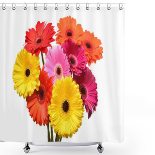 Personality  Bouquet Of Beautiful Delicate Flowers Gerberas Isolated On White Background. Fashionable Creative Floral Composition. Summer, Spring. Flat Lay, Top View Shower Curtains