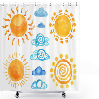 Personality  Set Of Childish Watercolor Sun And Clouds On White. Hand Drawn Illustration Shower Curtains