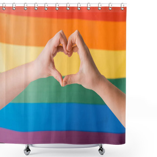 Personality  Cropped View Of Woman Showing Heart With Hands Near Lgbt Flag, Human Rights Concept  Shower Curtains