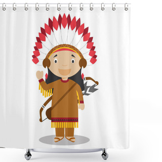 Personality  Character From United States Dressed In The Traditional Way Of The American Indians. Vector Illustration. Kids Of The World Collection. Shower Curtains