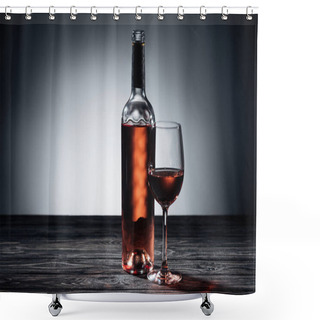 Personality  Bottle Of Red Wine And Wineglass On Wooden Table Shower Curtains