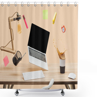 Personality  Laptop With Blank Screen, Lamp, Empty Sticky Notes And Stationery Levitating In Air Above Workplace With Thermomug With Coffee Splash  On Table Isolated On Beige Shower Curtains