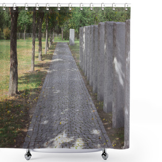 Personality  Path From Paving Stone And Memorial Headstones Placed In Row At Cemetery Shower Curtains