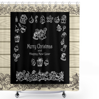 Personality  Set Christmas Doodle Elements   On  Black With Beige Wood Shower Curtains