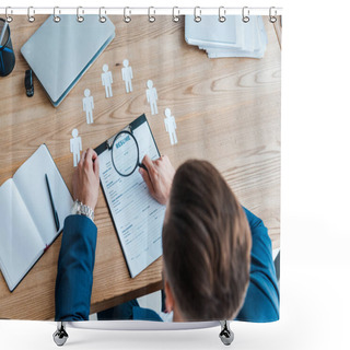 Personality  Selective Focus Of Man Holding Magnifier Near Clipboard With Resume  Shower Curtains