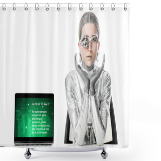 Personality  Silver Robot Sitting At Table Near Laptop With Medical Appliance Isolated On White, Future Technology Concept Shower Curtains