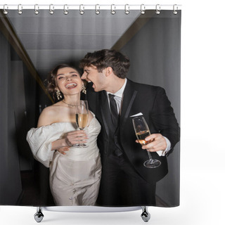 Personality  Excited Groom Hugging Young And Brunette Bride In White Wedding Dress And Holding Glasses Of Champagne While Standing And Smiling Together In Hallway Of Hotel, Newlyweds On Honeymoon  Shower Curtains