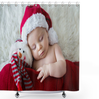 Personality  Little Sleeping Newborn Baby Boy, Wearing Santa Hat, Holding Toy Shower Curtains