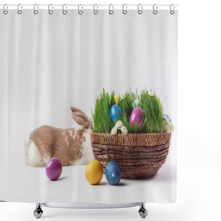 Personality  Lying Bunny And Basket With Grass And Painted Easter Eggs, Easter Concept Shower Curtains