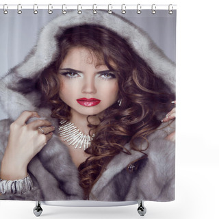 Personality  Fashion Sexy Model Girl With Red Lips Posing In Mink Fur Coat. W Shower Curtains