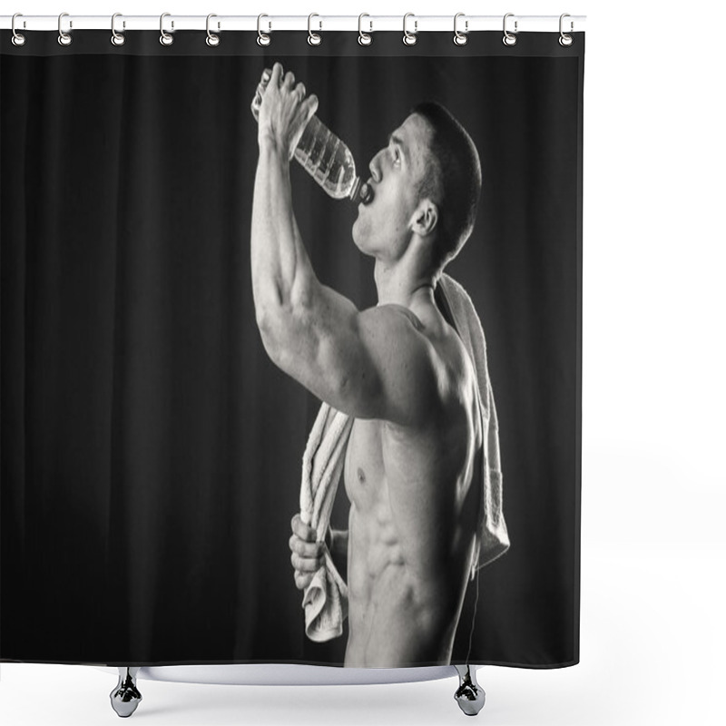 Personality  Muscular Man On A Dark Background Drinking Water After Workout Shower Curtains