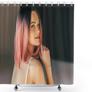 Personality  Beautiful Smiling Girl With Pink Hair Posing For Fashion Shoot Shower Curtains