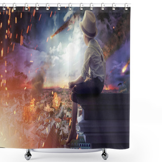 Personality  Little Boy Watching The End Of The World Shower Curtains