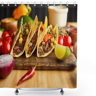 Personality  Selective Focus Of Fresh Tacos With Ingredients On Wooden Table On Black Background Shower Curtains