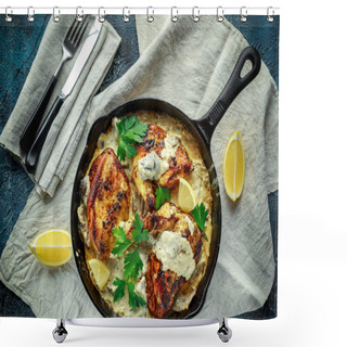 Personality  Creamy Chicken Fellets Supremes In Mushroom Sauce With Parsley In Rustic Cast Iron Skillet. Shower Curtains