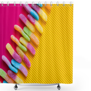 Personality  Flat Lay With Gummy Sweets On Pink And Textured Yellow Surface  Shower Curtains