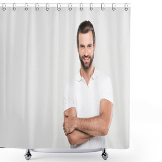 Personality  Handsome Smiling Man Posing In White With Crossed Arms, Isolated On Grey Shower Curtains