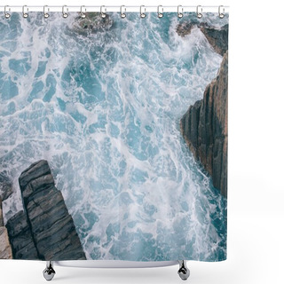 Personality  Beautiful Wavy Sea With Rocks At Coastline In Riomaggiore, Italy  Shower Curtains