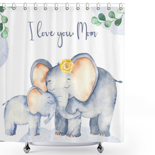 Personality  Watercolor Card With Cute Cartoon Mother's Day Elephants Shower Curtains