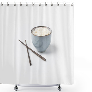 Personality  Bowl Of Rice With Chopsticks On White Tabletop Shower Curtains