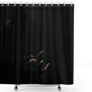 Personality  Side View Of African American Bandit In Mask Holding Knife Isolated On Black  Shower Curtains