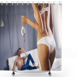 Personality  Playful Sexy Couple In Love Affectionate In The Morning Shower Curtains