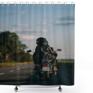 Personality  Back View Of Bikers In Helmets Riding Motorcycle On Country Road Shower Curtains