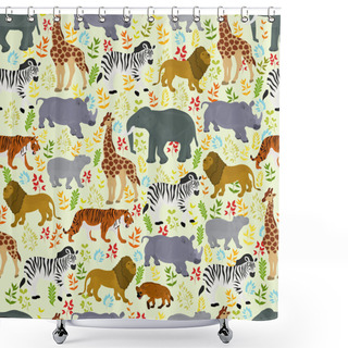 Personality  Seamless Vector Pattern With Animals Of Africa And Plants On A Light Background. Shower Curtains