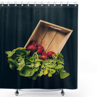 Personality  Top View Of Radishes In Wooden Box On Grey Dark Table Shower Curtains
