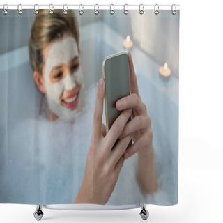 Personality  Woman Using Mobile Phone While Having Bath  Shower Curtains