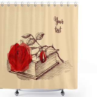 Personality  Old Book And A Rose Still Life Illustration Shower Curtains