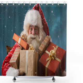 Personality  Photo Of Happy Santa Claus Outdoors In Snowfall Carrying Gifts T Shower Curtains