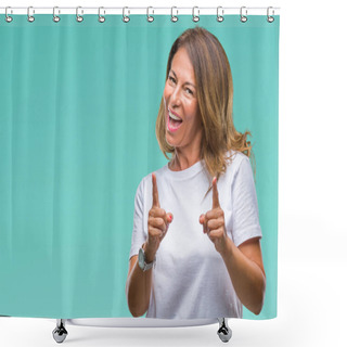 Personality  Middle Age Senior Hispanic Woman Over Isolated Background Pointing Fingers To Camera With Happy And Funny Face. Good Energy And Vibes. Shower Curtains